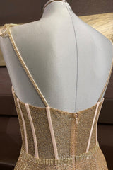 Shiny A Line Spaghetti Straps Gold Evening Prom Dresses Long, Sweetheart Neck Golden Formal Dresses, Gold Tulle Evening Dresses WT1856