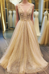 Shiny A Line V Neck Champagne Flowers Long Evening Prom Dresses, Champagne V Neck Long Formal Evening Dresses