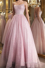 Shiny Backless Pink Sequins Long Evening Prom Dresses, Pink Formal Evening Dresses, Sparkly Ball Gown