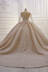 Shiny Ball Gown Tulle Jewel Long Sleevess Ruffless Wedding Dresses