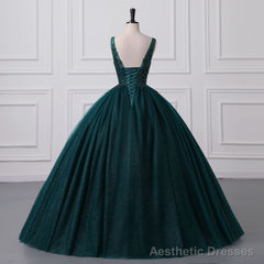 Shiny Emerald Green Sequined Tulle Quinceanera Dresses Backless V Neck Ball Gowns Evening Prom Dresses With Corset Back