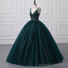 Shiny Emerald Green Sequined Tulle Quinceanera Dresses Backless V Neck Ball Gowns Evening Prom Dresses With Corset Back