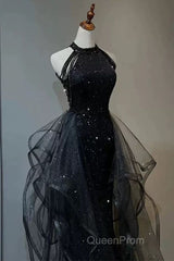 Shiny Halter Sequin Tulle Layered Long Evening Prom Dresses Black Evening Dresses Wedding Dresses