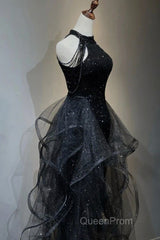 Shiny Halter Sequin Tulle Layered Long Evening Prom Dresses Black Evening Dresses Wedding Dresses