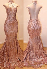 Shiny High Neck Sleeveless Sequins Mermaid Prom Dresses