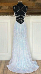 Shiny Mermaid Sequins Long White Evening Prom Dresses V Neck Sleeveless Formal Dresses