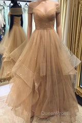 Shiny Off Shoulder Champagne Long Evening Prom Dresses, Off the Shoulder Champagne Formal Dresses, Fluffy Champagne Evening Dresses