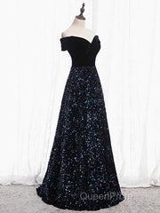 Shiny Off the Shoulder Black Evening Prom Dresses with Corset Back, Shiny Black Long Formal Evening Dresses