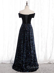 Shiny Off the Shoulder Black Evening Prom Dresses with Corset Back, Shiny Black Long Formal Evening Dresses