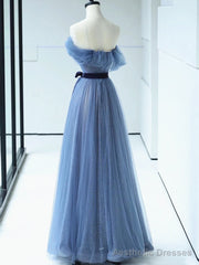Shiny Off the Shoulder Blue Tulle Prom Dresses, Blue Long Formal Evening Dresses