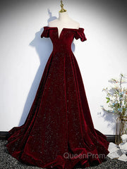 Shiny Off The Shoulder Burgundy Long Evening Prom Dresses