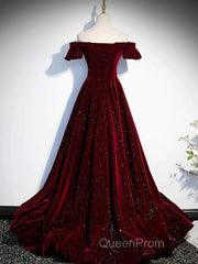 Shiny Off The Shoulder Burgundy Long Evening Prom Dresses