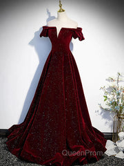 Shiny Off The Shoulder Burgundy Long Evening Prom Dresses, Wine Red Long Formal Evening Dresses