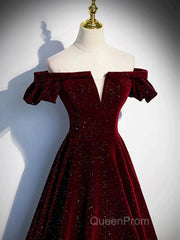 Shiny Off The Shoulder Burgundy Long Evening Prom Dresses, Wine Red Long Formal Evening Dresses