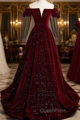 Shiny Off The Shoulder Burgundy Long Evening Prom Dresses