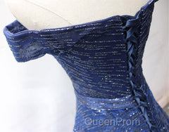Shiny Off the Shoulder Navy Blue Long Evening Prom Dresses, Off Shoulder Blue Formal Evening Dresses