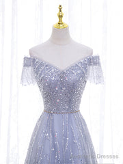 Shiny Off the Shoulder Silver Gray Long Prom Dresses, Silver Gray Long Formal Evening Dresses