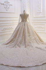 Shiny Sequined Long Sleevess Pleats Champange Wedding Dresses