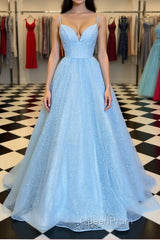 Shiny Sequins V Neck Blue Long Evening Prom Dresses, Sparkly Blue Formal Graduation Evening Dresses