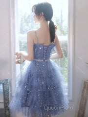 Shiny Short Puffy Blue Evening Prom Dresses A-Line Puffy Homecoming Dresses