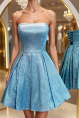 Shiny Strapless Blue Short Evening Prom Dresses, Open Back Blue Homecoming Dresses, Blue Formal Evening Dresses