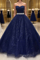 Shiny Strapless Dark Blue Long Evening Prom Dresses, Dark Blue Long Formal Evening Gown
