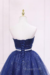 Shiny Strapless Sweetheart Neck Blue Short Evening Prom Homecoming Dresses with Belt, Sparkly Blue Formal Evening Dresses