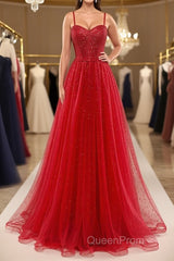 Shiny Sweetheart Neck Red Tulle Beaded Long Evening Prom Dresses, Open Back Red Tulle Formal Graduation Evening Dresses