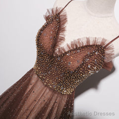 Shiny Tulle Beaded Long Straps Floor Length Party Dress, A-line Prom Gown