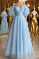 Shiny Tulle Off the Shoulder Tea Length Evening Prom Dresses, Homecoming Dresses, Off Shoulder Formal Graduation Evening Dresses