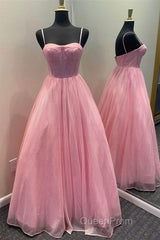 Shiny Tulle Open Back Long Evening Prom Dresses, Long Tulle Formal Graduation Evening Dresses
