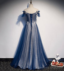 Shiny tulle sequins long prom dress blue evening dress