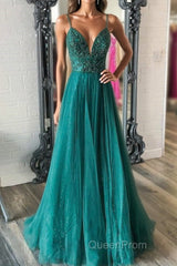 Shiny V Neck Backless Beaded Green Tulle Long Evening Prom Dresses, Green Lace Formal Dresses, Beaded Evening Dresses