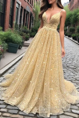 Shiny V Neck Backless Long Golden Evening Prom Dresses, Sparkly Golden Formal Dresses, Golden Evening Dresses