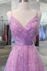 Shiny V Neck Backless Long Purple Evening Prom Dresses, Backless Lilac Formal Graduation Evening Dresses