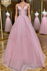 Shiny V Neck Backless Pink Long Evening Prom Dresses, Backless Pink Formal Graduation Evening Dresses