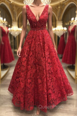 Shiny V Neck Burgundy Lace Long Evening Prom Dresses, Burgundy Lace Formal Dresses, Sparkly Burgundy Evening Dresses