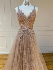 Shiny V Neck Champagne Lace Evening Prom Dresses, Champagne V Neck Lace Formal Graduation Evening Dresses