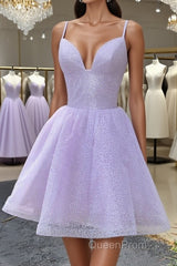 Shiny V Neck Lilac Short Evening Prom Dresses, Lilac Homecoming Dresses