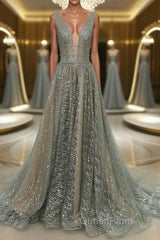 Shiny V Neck Open Back Champagne Long Evening Prom Dresses, Champagne Formal Graduation Evening Dresses