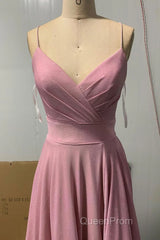 Shiny V Neck Pink Long Evening Prom Dresses, Pink V Neck Long Formal Evening Dresses