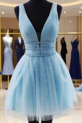 Shiny V Neck Short Blue/Yellow Evening Prom Dressesses, Short Blue/Yellow V Neck Fomal Homecoming Graduation Dresses