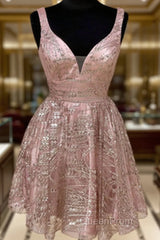 Shiny V Neck Short Champagne Evening Prom Dresses, Short V Neck Champagne Graduation Formal Dresses