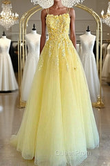 Shiny Yellow Lace Floral Evening Prom Dresses, Shiny Yellow Lace Floral Formal Evening Dresses