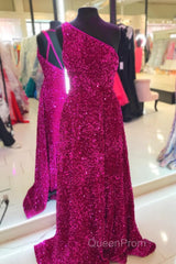Purple Sequin One-Shoulder Backless A-Line Long Evening Prom Dresses