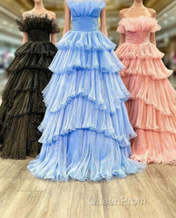 Candy Pink Tulle A-line Strapless Ruffles layers Long Evening Prom Dresses