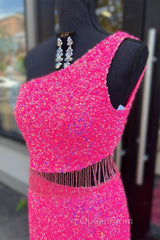 Fuchsia One Shoulder Sequins Tassels Cut-Out Long Evening Prom Dresses with Slit