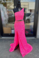 Fuchsia One Shoulder Sequins Tassels Cut-Out Long Evening Prom Dresses with Slit