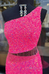 Fuchsia One Shoulder Sequins Tassels Cut-Out Long Evening Prom Dresses with Slit