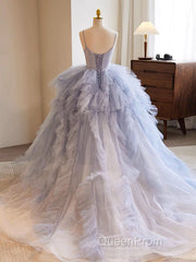 Blue Tulle Long Evening Prom Gown, Blue Tulle Long Sweet 16 Dresses